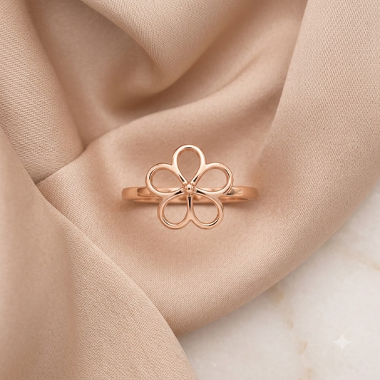 Rose gold open-outline flower ring with five petal loops. Minimal and cute gifts under Rs. 20,000