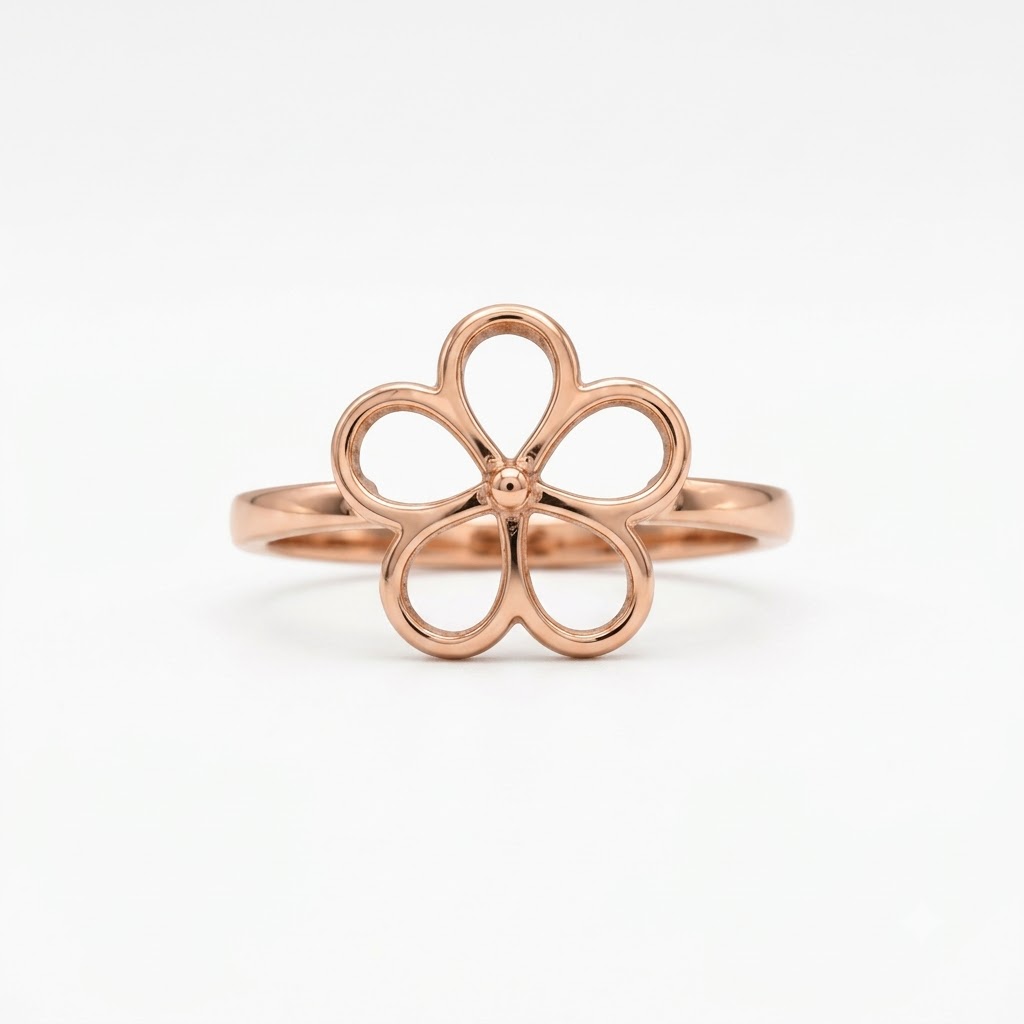 Rose gold open-outline flower ring with five petal loops. Minimal and cute gifts under Rs. 20,000