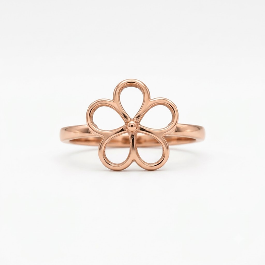 Rose gold open-outline flower ring with five petal loops. Minimal and cute gifts under Rs. 20,000