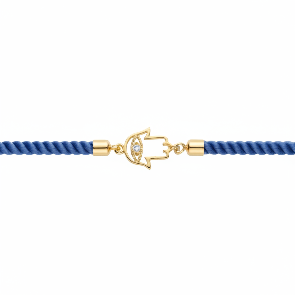 Blue rope men's diamond bracelet with an 18kt gold Hamsa hand charm and diamond accents. Gift for him under Rs. 15,000