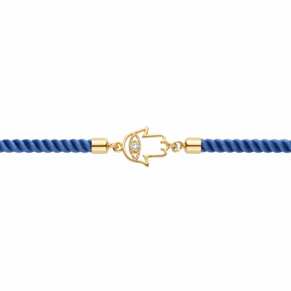 Blue rope men's diamond bracelet with an 18kt gold Hamsa hand charm and diamond accents. Gift for him under Rs. 15,000