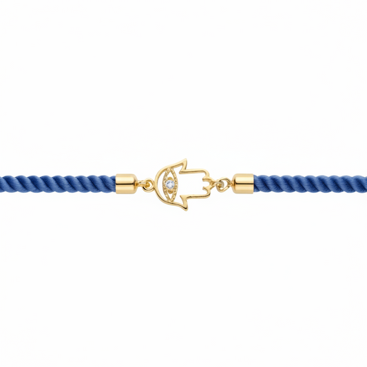 Blue rope men's diamond bracelet with an 18kt gold Hamsa hand charm and diamond accents. Gift for him under Rs. 15,000