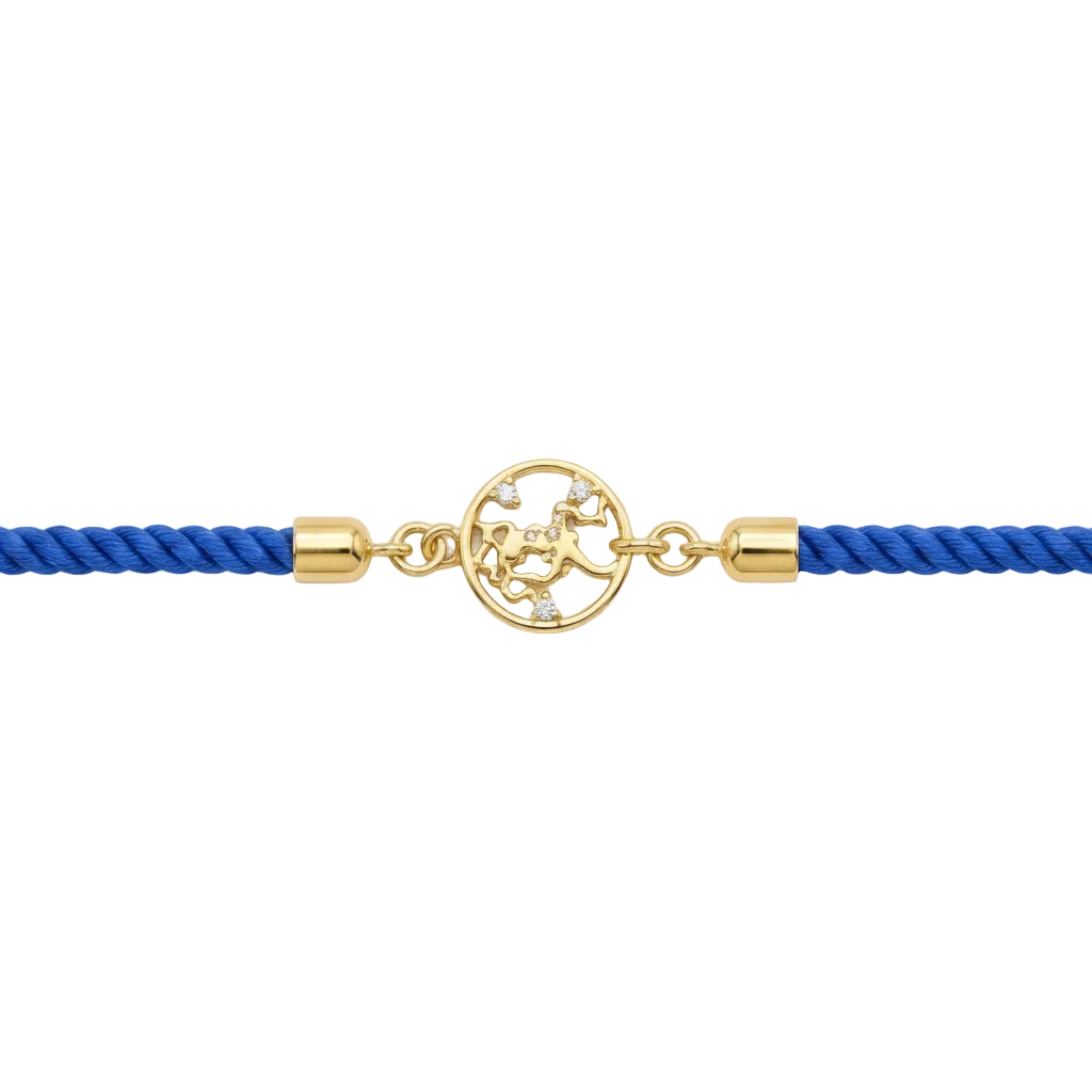 Blue rope men's bracelet with an 18kt gold Hanuman Ji pendant and diamond accents, on white background. Gift for him under Rs. 15,000