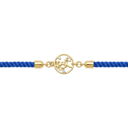 Blue rope men's bracelet with an 18kt gold Hanuman Ji pendant and diamond accents, on white background. Gift for him under Rs. 15,000