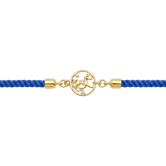 Blue rope men's bracelet with an 18kt gold Hanuman Ji pendant and diamond accents, on white background. Gift for him under Rs. 15,000