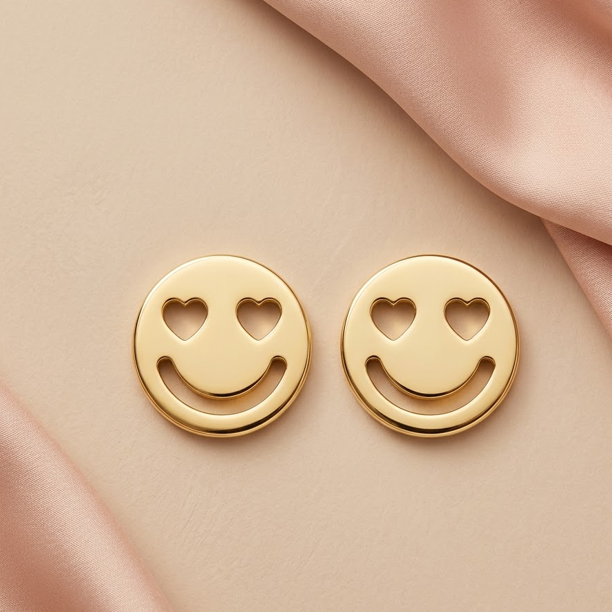 Gold stud earrings shaped like smiley faces with heart-shaped cutout eyes. Minimal gift for her under Rs. 15,000