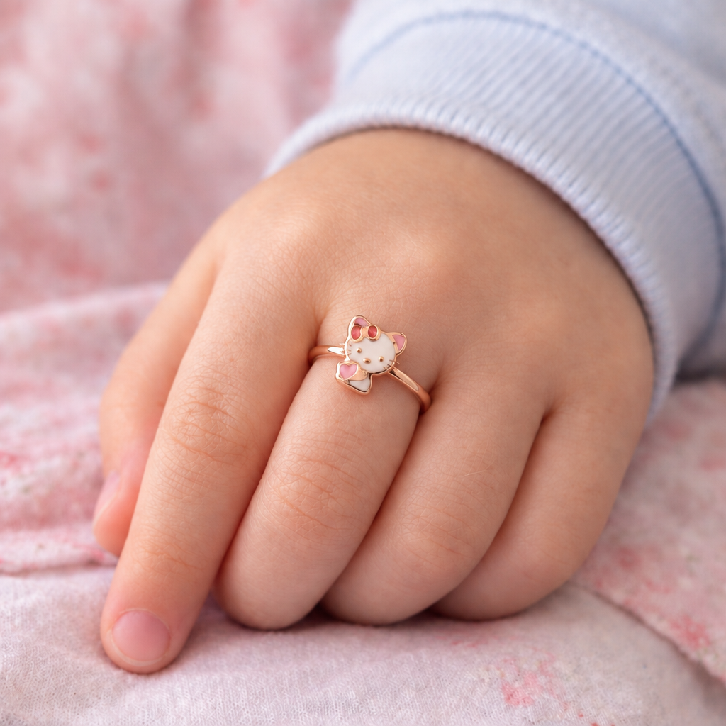 Rose gold ring with a white and pink enamel Hello Kitty charm and red bow. Cute and minimal gifts under Rs. 20,000