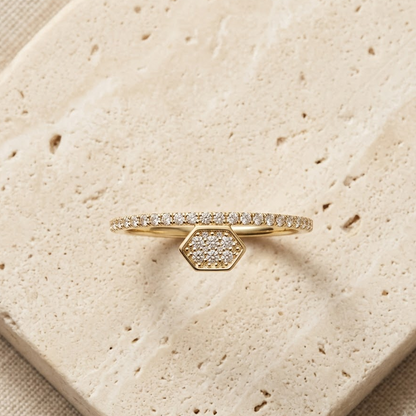 Gold hexagon diamond ring with a pave diamond band. Minimal gifts under Rs. 30,000