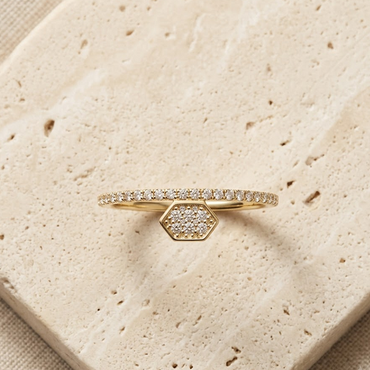 Gold hexagon diamond ring with a pave diamond band. Minimal gifts under Rs. 30,000
