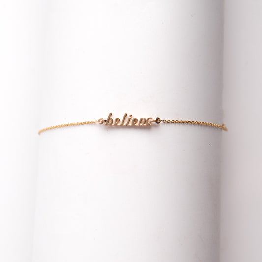 Caratly 18kt gold Believe Gold Bracelet with cursive text charm minimalist design for women (1.55g) under 30,000