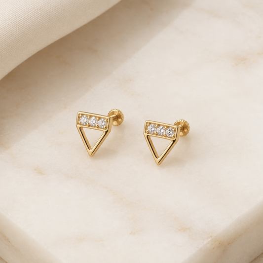 Gold inverted triangle stud earrings set with a row of round diamonds, priced under Rs. 30,000