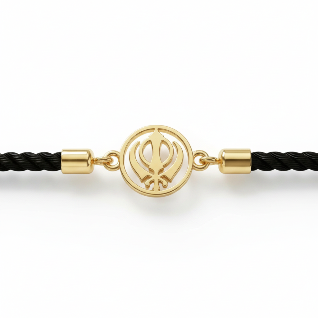 Black rope men's gold bracelet featuring an 18kt gold Khanda symbol charm pendant. A perfect gold gift for him at Rs. 10,000