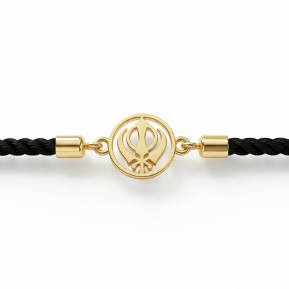 Black rope men's gold bracelet featuring an 18kt gold Khanda symbol charm pendant. A perfect gold gift for him at Rs. 10,000