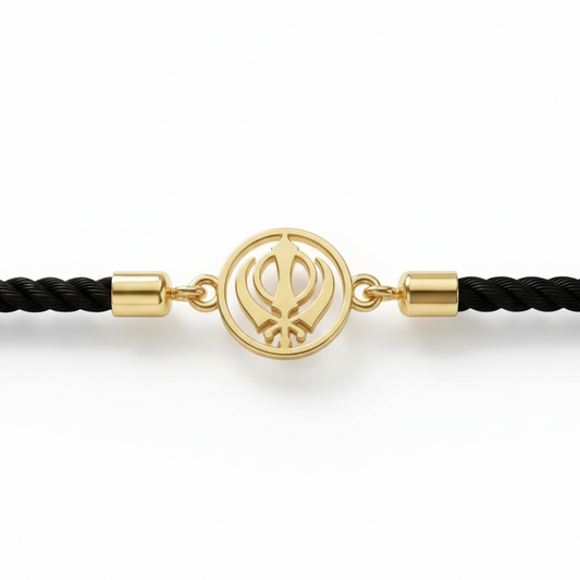 Black rope men's gold bracelet featuring an 18kt gold Khanda symbol charm pendant. A perfect gold gift for him at Rs. 10,000