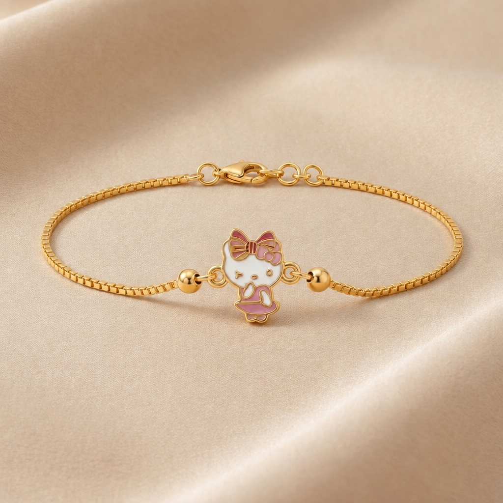 Gold link bracelet featuring a pink and white Hello Kitty charm. A minimal gold gift for kids under Rs. 40,000