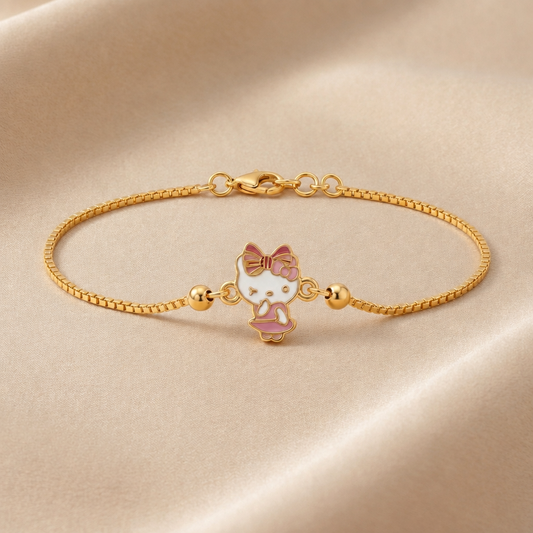 Gold link bracelet featuring a pink and white Hello Kitty charm. A minimal gold gift for kids under Rs. 40,000