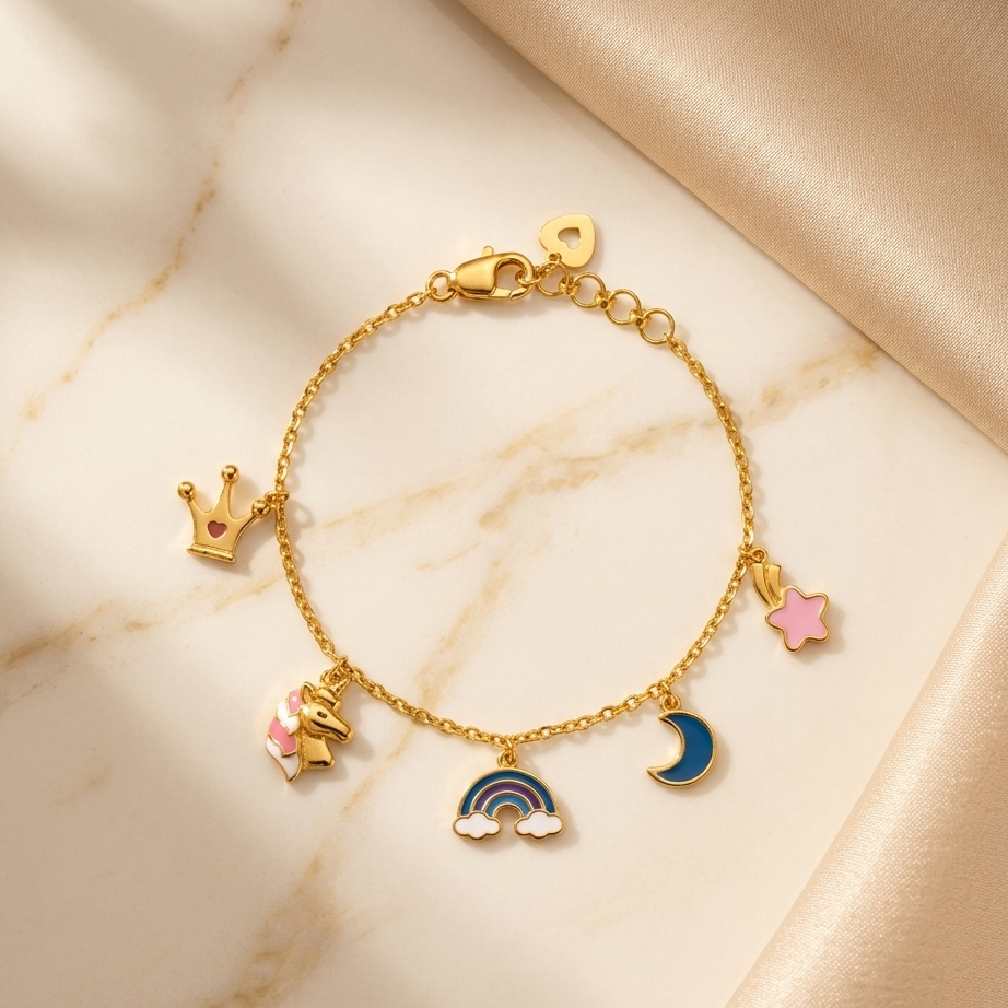 Gold charm bracelet with crown, star, moon and rainbow enamel charms under Rs. 50,000