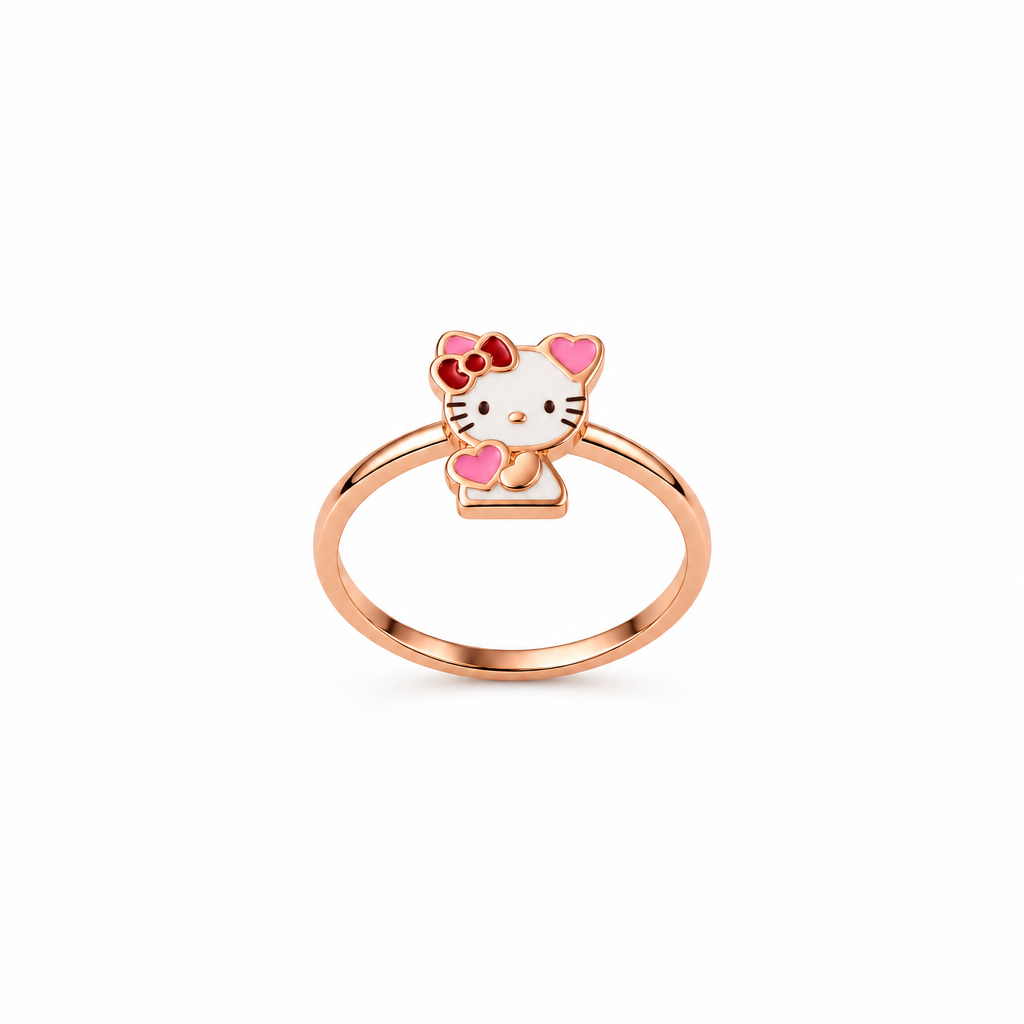 Rose gold ring with a white and pink enamel Hello Kitty charm and red bow. Cute and minimal gifts under Rs. 20,000