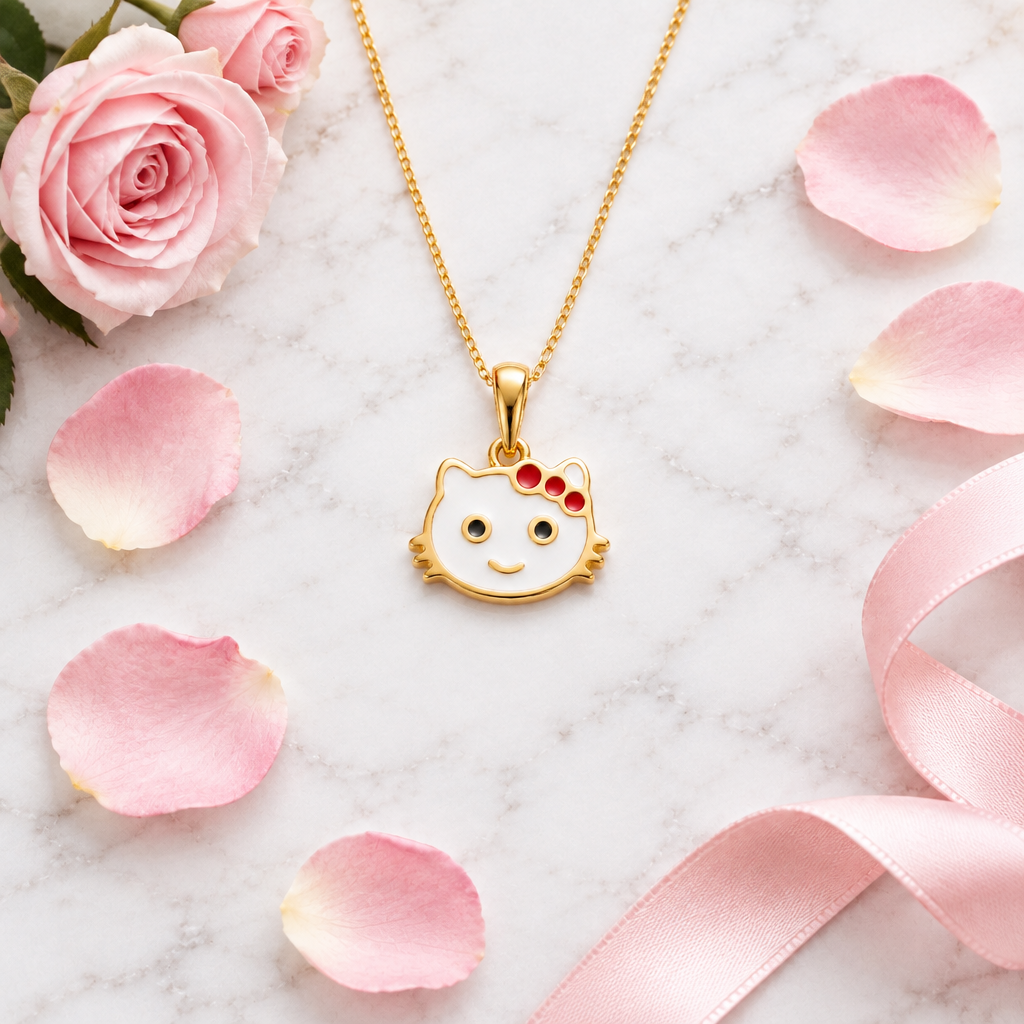 Gold kitty face pendant with a white enamel head and red bow accents under Rs. 20,000