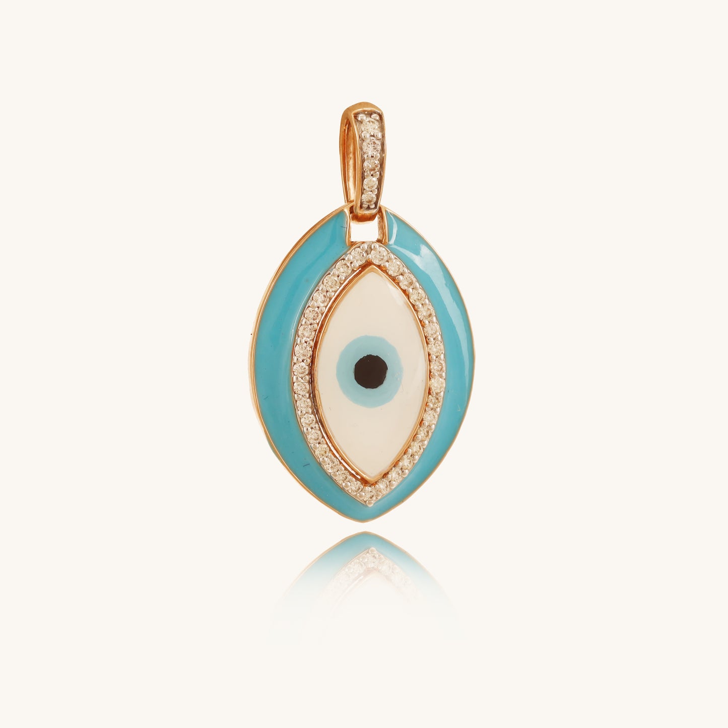 Caratly 18kt gold Evil Eye Pendant featuring a large turquoise enamel oval charm bordered and centered with pave diamonds under Rs. 40,000
