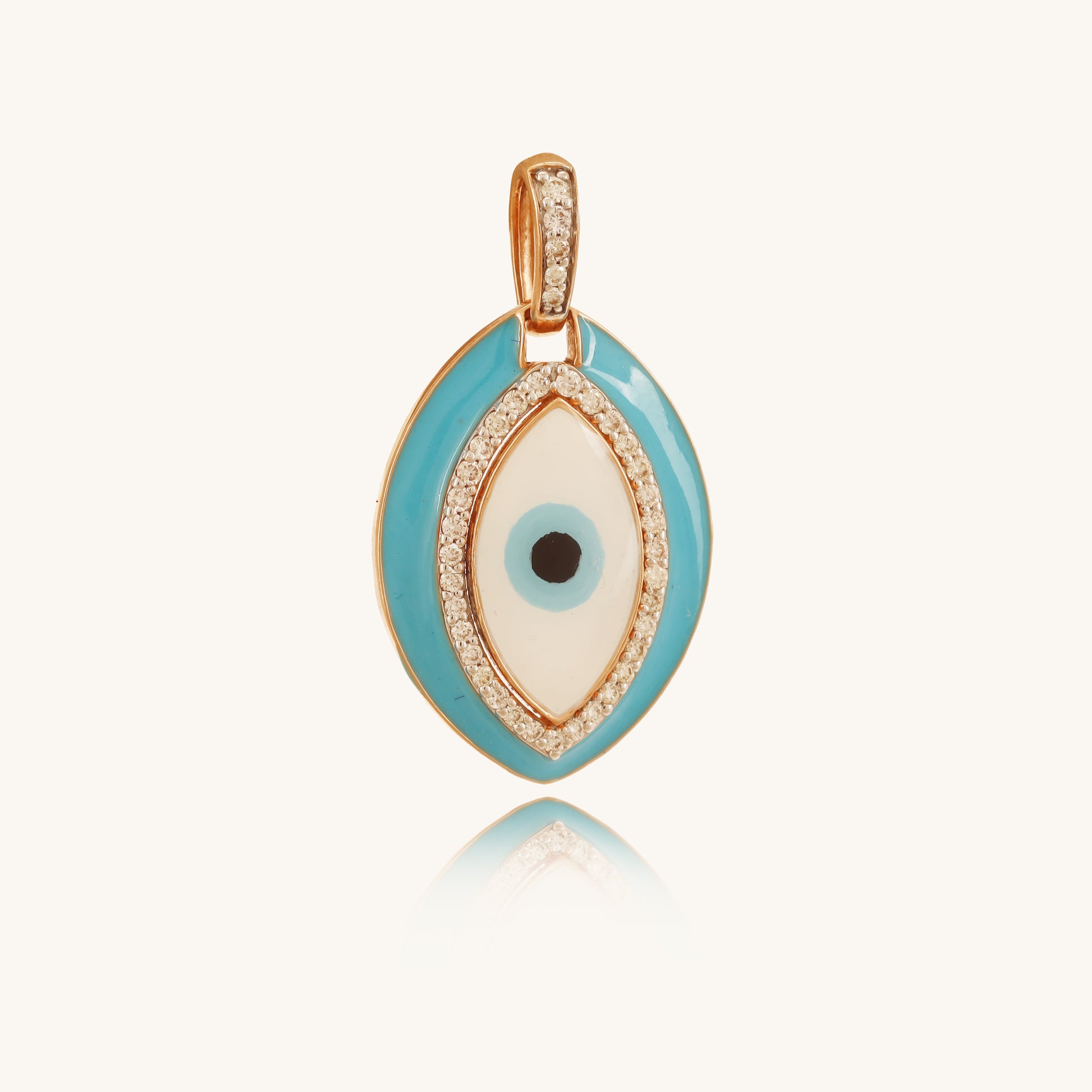 Caratly 18kt gold Evil Eye Pendant featuring a large turquoise enamel oval charm bordered and centered with pave diamonds under Rs. 40,000