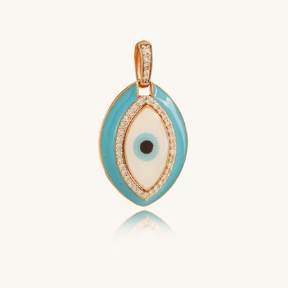 Caratly 18kt gold Evil Eye Pendant featuring a large turquoise enamel oval charm bordered and centered with pave diamonds under Rs. 40,000