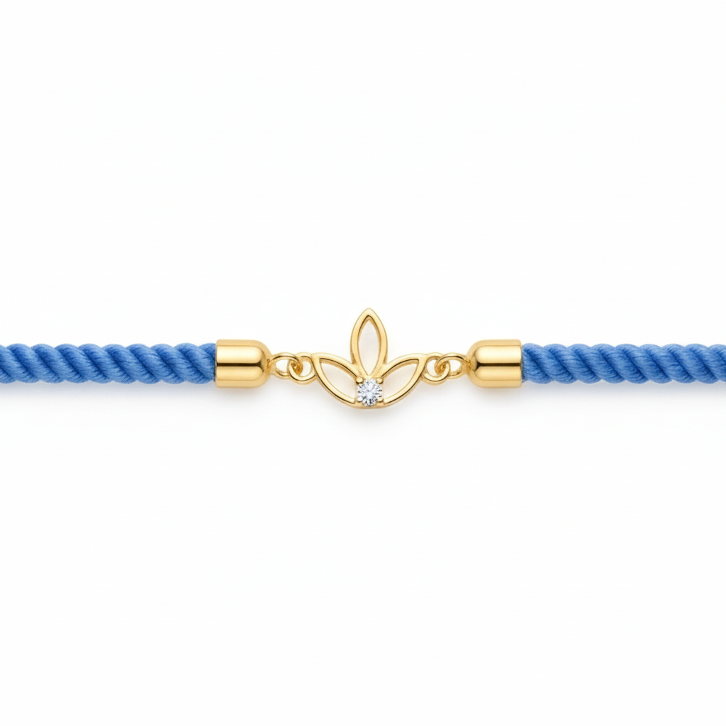 Blue rope men's bracelet with an 18kt gold leaf charm and sparkling diamond accent. A perfect minimal gift for him under Rs. 15,000