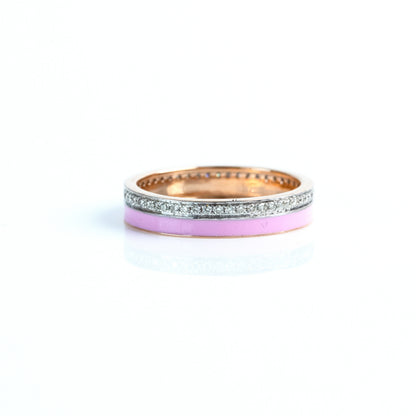 Caratly 18kt gold Pretty Pink Ring with pink enamel band and 0.24ct diamond pave row dual-tone design, perfect for gifting under Rs. 70,000