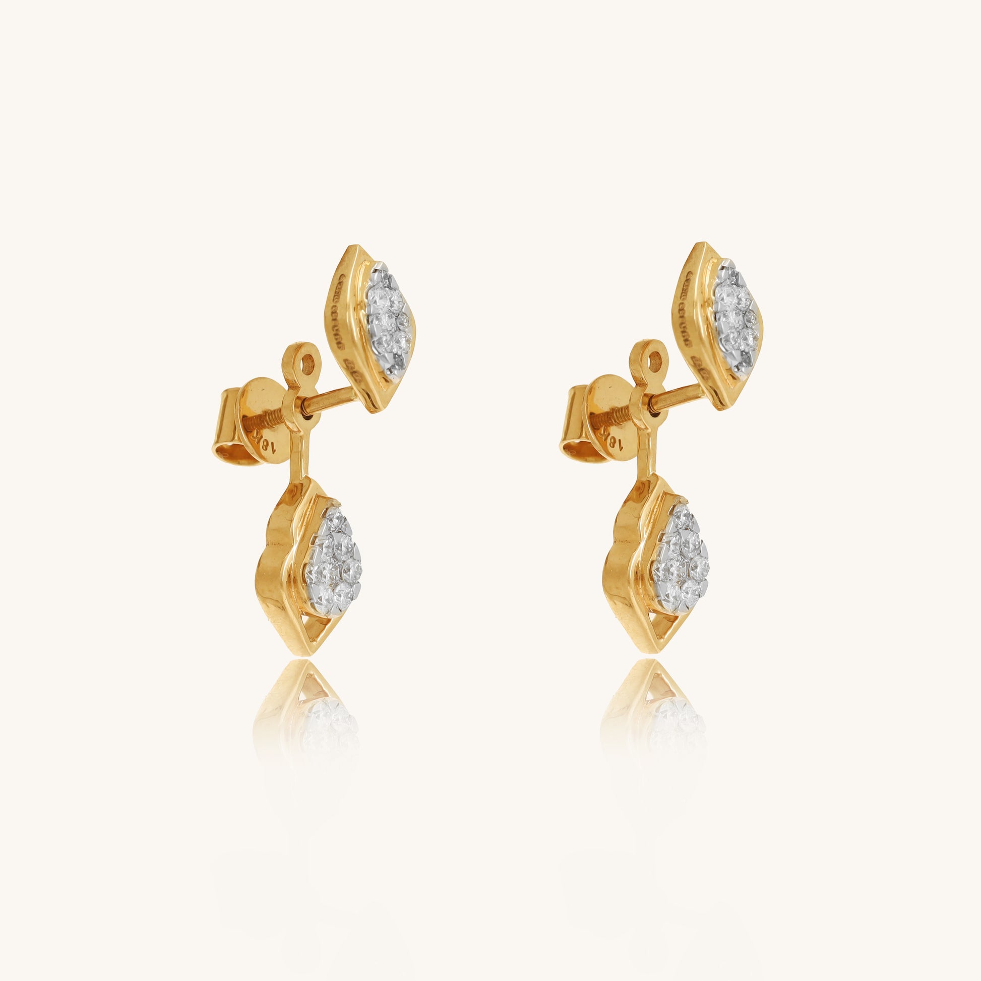 Caratly 18kt gold Teardrop Diamond Earring featuring a double drop design with two interconnected teardrop shapes fully set with pave diamonds