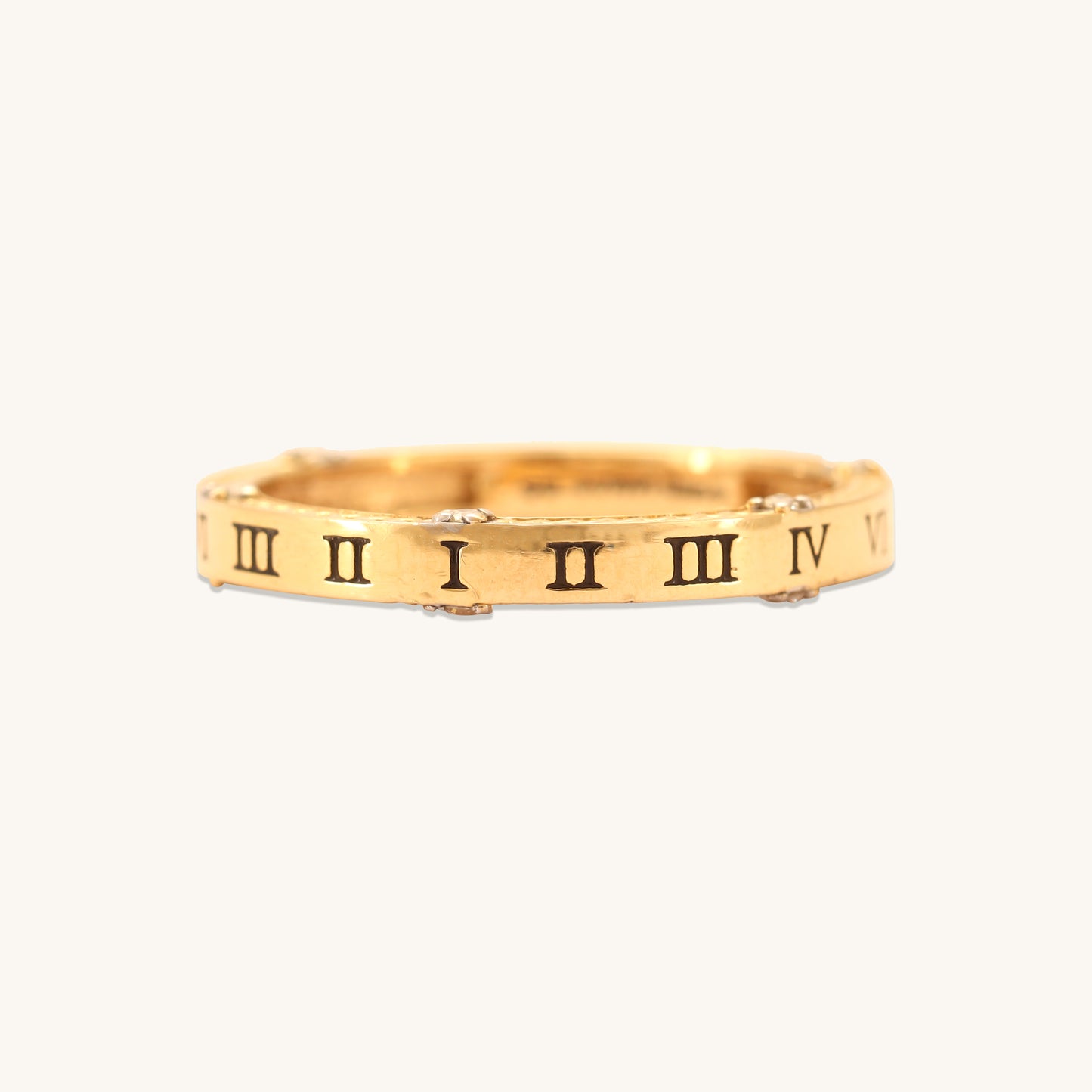 Caratly 18kt gold Band Diamond Ring featuring engraved Roman numerals and flush-set 0.09ct diamonds spaced evenly around the band under Rs. 40,000