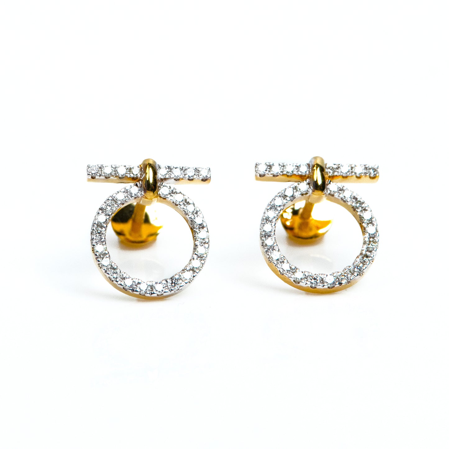 Caratly 18kt gold Glam Diamond Earring with 0.29ct pave diamonds in a geometric circle and bar drop design under Rs. 70,000