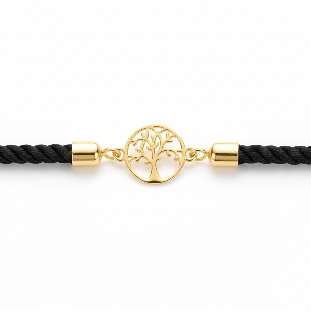 Black rope men's gold bracelet featuring an 18kt gold tree-of-life charm pendant under Rs. 15,000