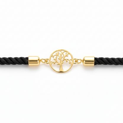 Black rope men's gold bracelet featuring an 18kt gold tree-of-life charm pendant under Rs. 15,000