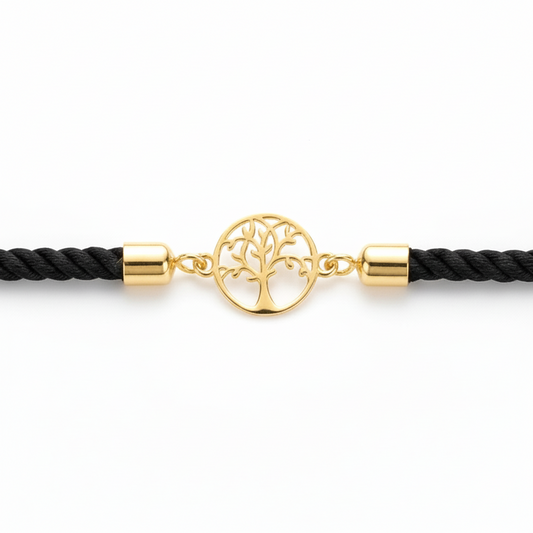 Black rope men's gold bracelet featuring an 18kt gold tree-of-life charm pendant under Rs. 15,000