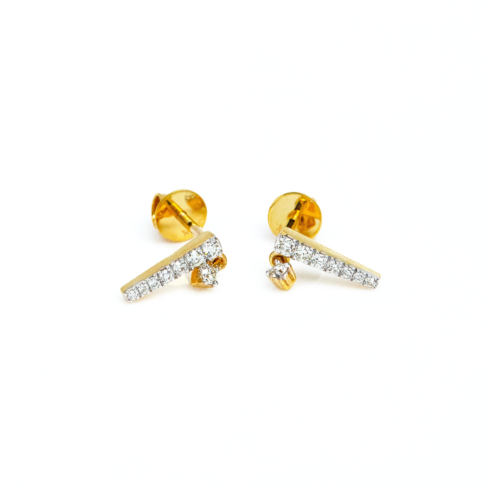 Caratly 18kt gold Dangling Diamond Earring with 0.13ct diamond linear bar drop design, minimalist gift for her under 40,000