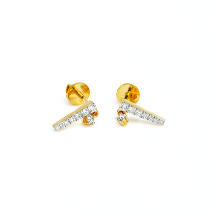 Caratly 18kt gold Dangling Diamond Earring with 0.13ct diamond linear bar drop design, minimalist gift for her under 40,000