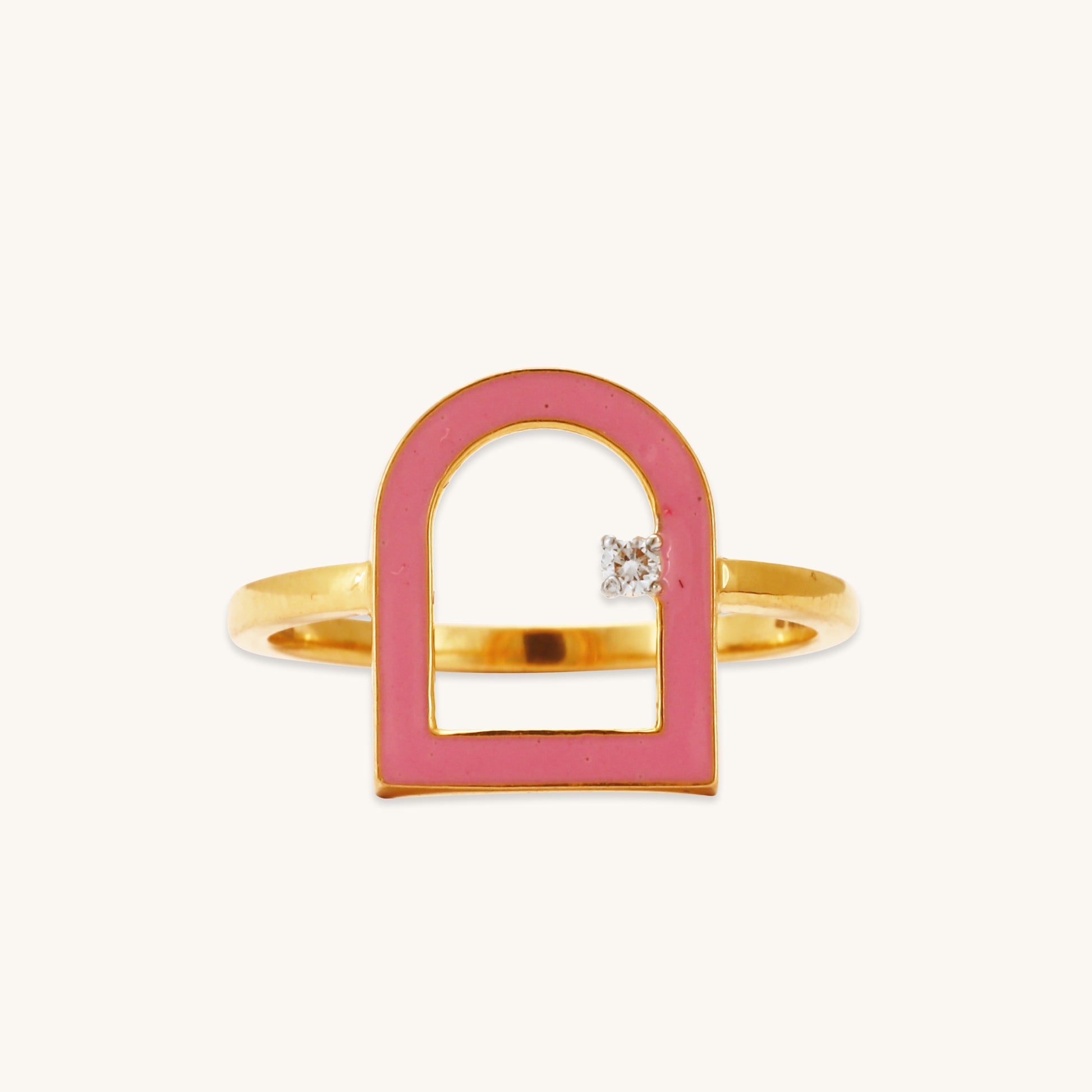 Caratly 18kt gold Door Diamond Ring featuring an open arched doorway motif with a pink enamel border and a single round diamond accent under Rs. 40,000