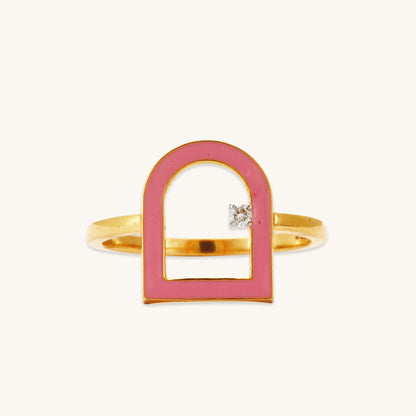 Caratly 18kt gold Door Diamond Ring featuring an open arched doorway motif with a pink enamel border and a single round diamond accent under Rs. 40,000