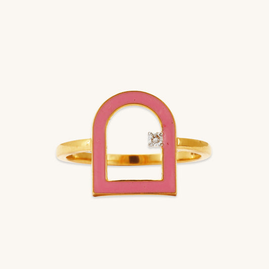 Caratly 18kt gold Door Diamond Ring featuring an open arched doorway motif with a pink enamel border and a single round diamond accent under Rs. 40,000