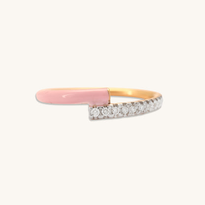 Caratly 18kt gold Pink Diamond Ring featuring an open bypass design with one side covered in pave diamonds and the other in pink enamel under Rs. 50,000