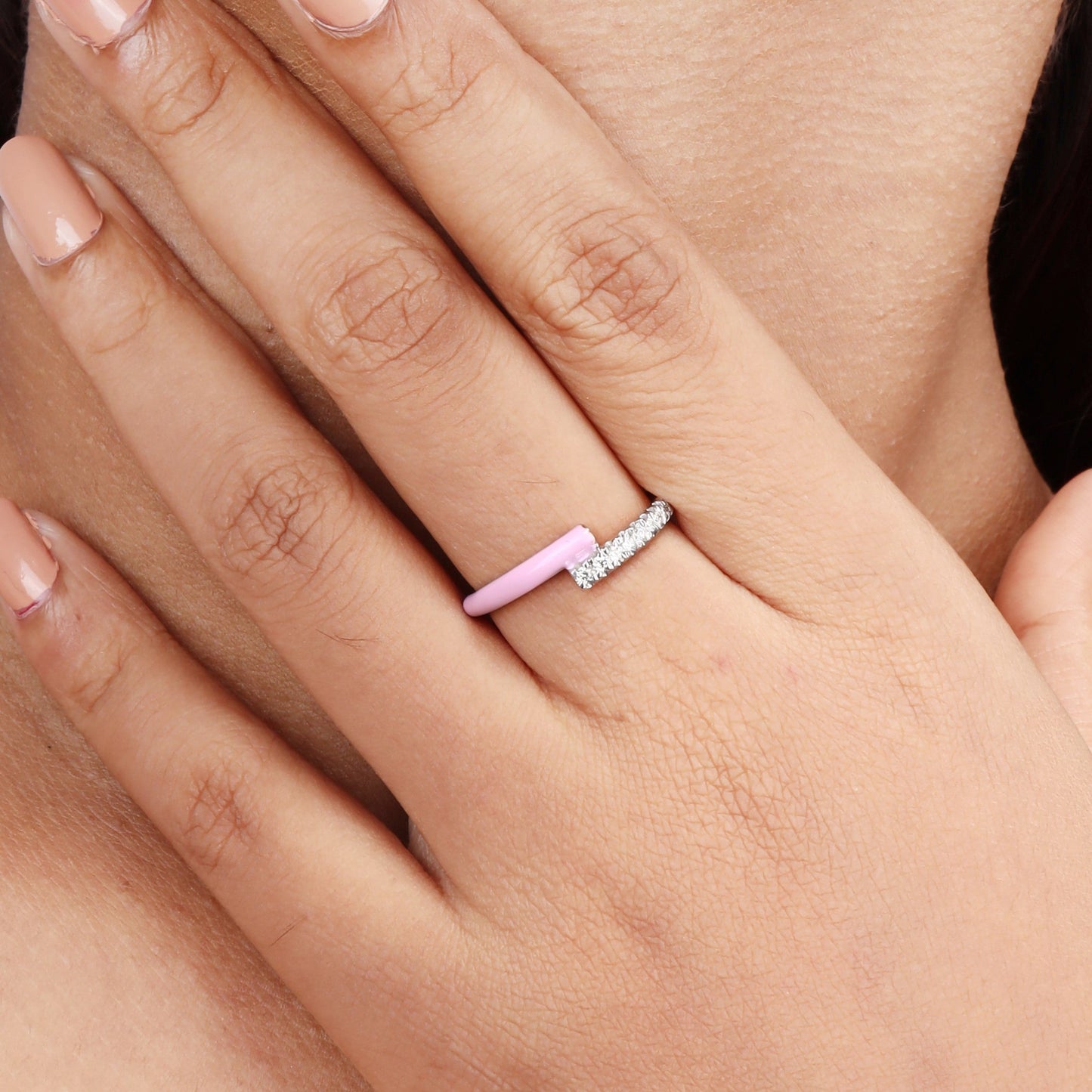 Caratly 18kt gold Pink Diamond Ring featuring an open bypass design with one side covered in pave diamonds and the other in pink enamel under Rs. 50,000