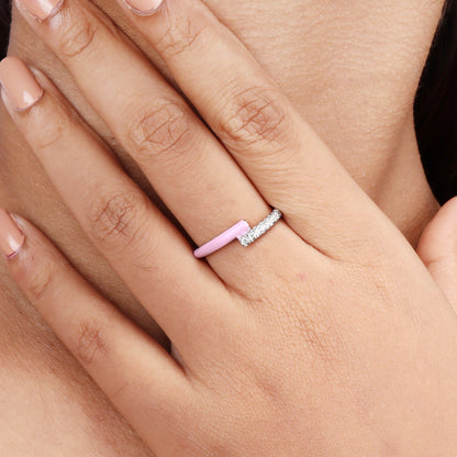 Caratly 18kt gold Pink Diamond Ring featuring an open bypass design with one side covered in pave diamonds and the other in pink enamel under Rs. 50,000
