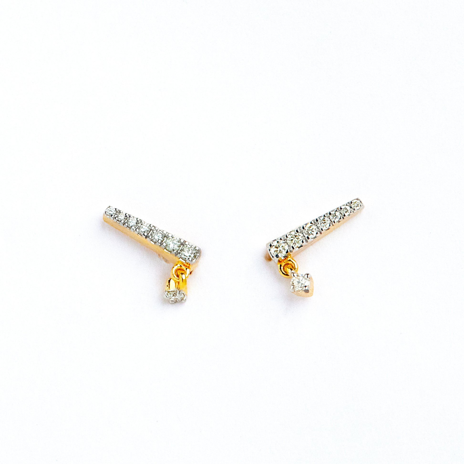 Caratly 18kt gold Dangling Diamond Earring with 0.13ct diamond linear bar drop design, minimalist gift for her under 40,000
