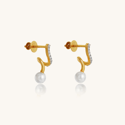 Caratly 18kt gold Curve Diamond Earring featuring a curved S-wave design set with diamonds ending in a single dangling pearl under Rs. 30,000