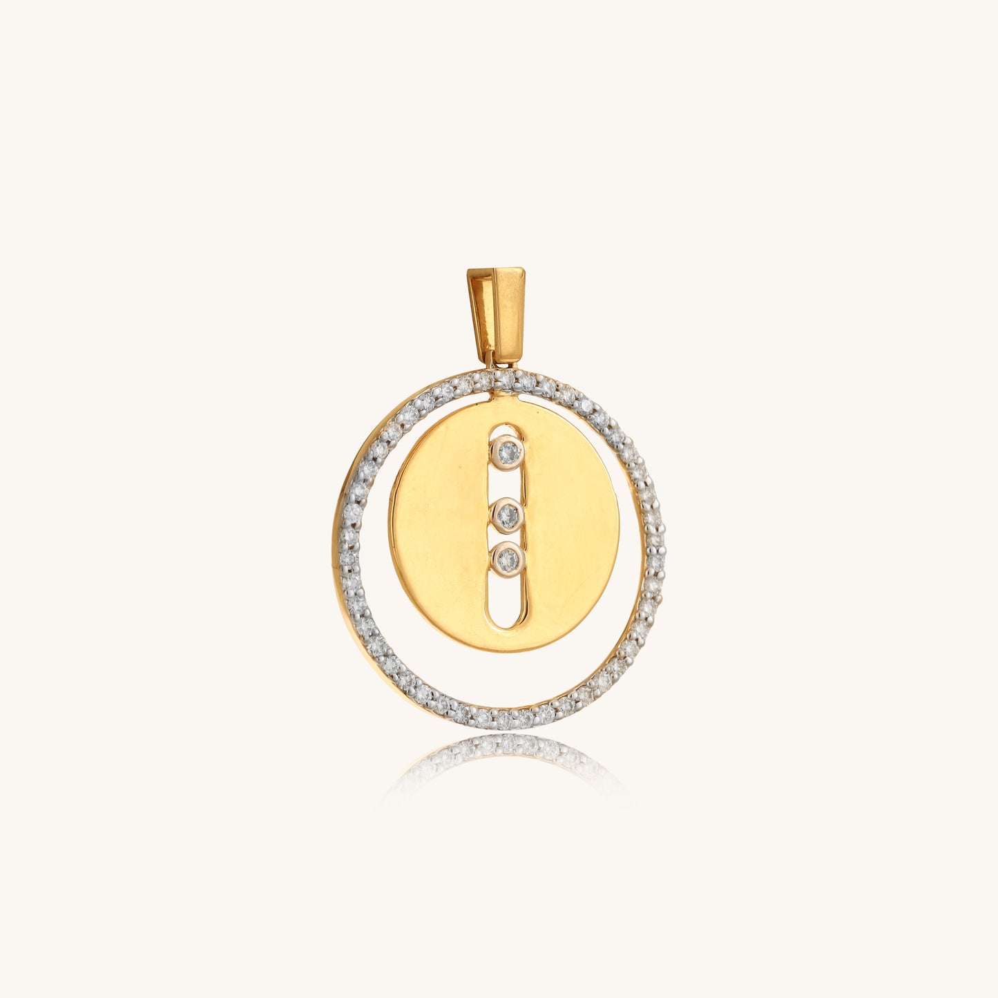 Caratly 18kt gold Double Circle Pendant featuring an outer circle of pave diamonds and a solid gold inner circle with a vertical row of three diamonds under Rs. 80,000