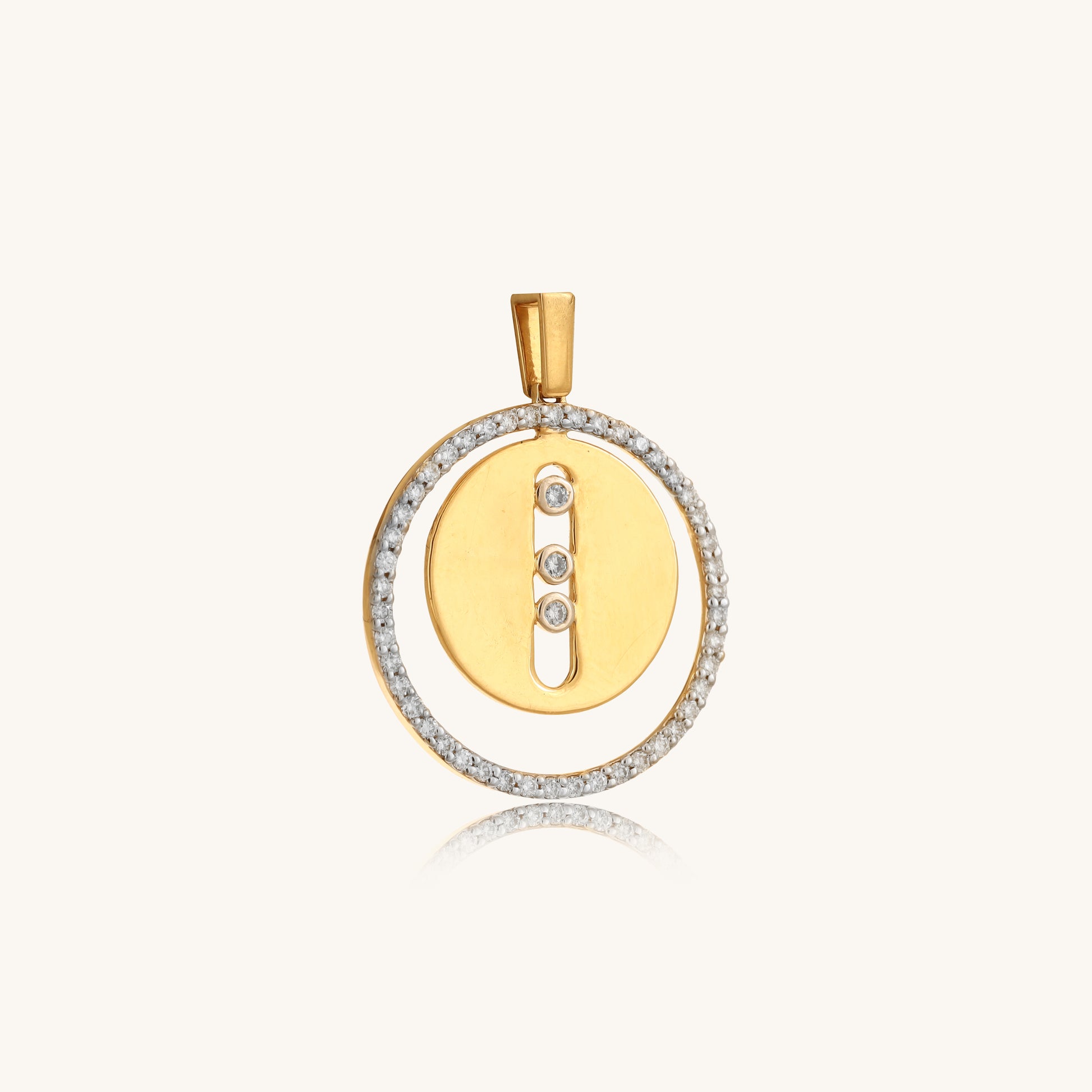 Caratly 18kt gold Double Circle Pendant featuring an outer circle of pave diamonds and a solid gold inner circle with a vertical row of three diamonds under Rs. 80,000