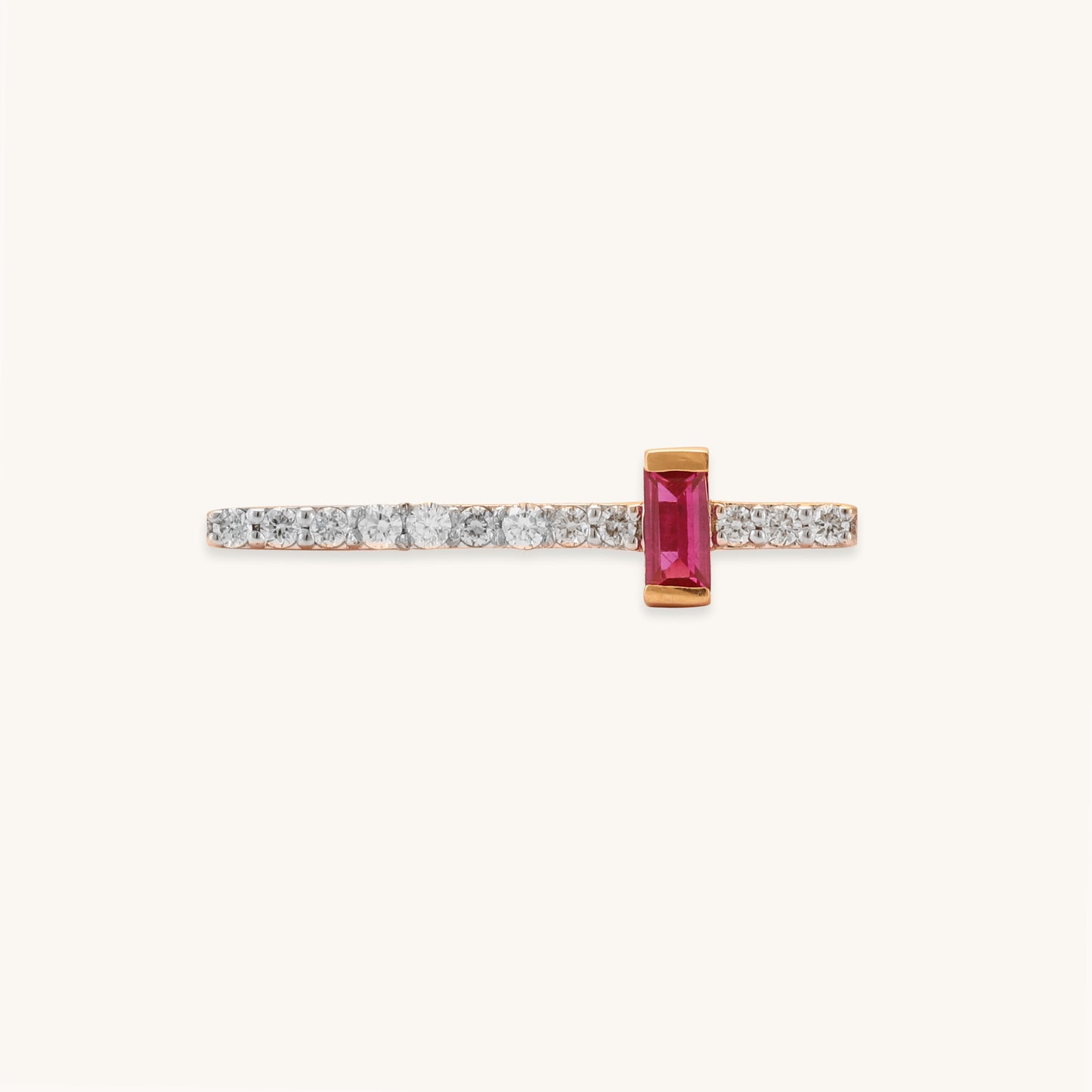 Caratly 18kt gold Elegant Red Ring featuring a modern asymmetrical design with a horizontal diamond pave bar meeting a vertical baguette-cut red gemstone