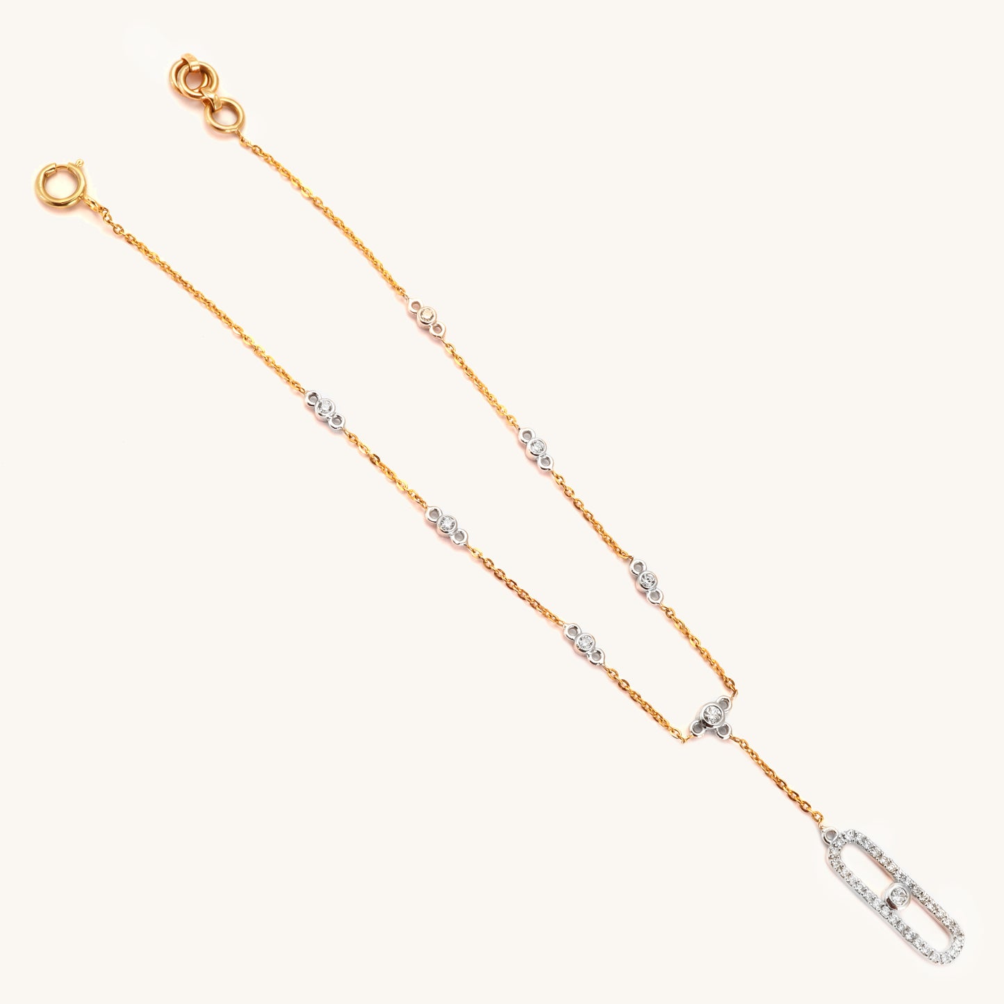 Caratly 18kt gold Belt Diamond Bracelet featuring a delicate chain with diamond stations and an elongated oval pave diamond dangling drop under Rs. 50,000