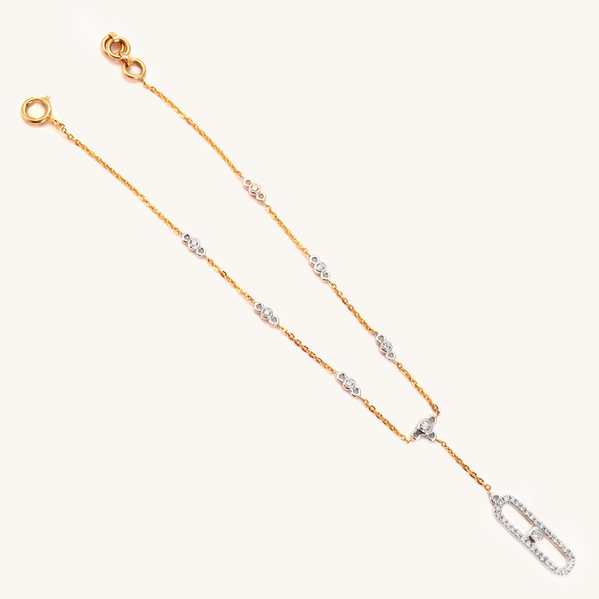 Caratly 18kt gold Belt Diamond Bracelet featuring a delicate chain with diamond stations and an elongated oval pave diamond dangling drop under Rs. 50,000