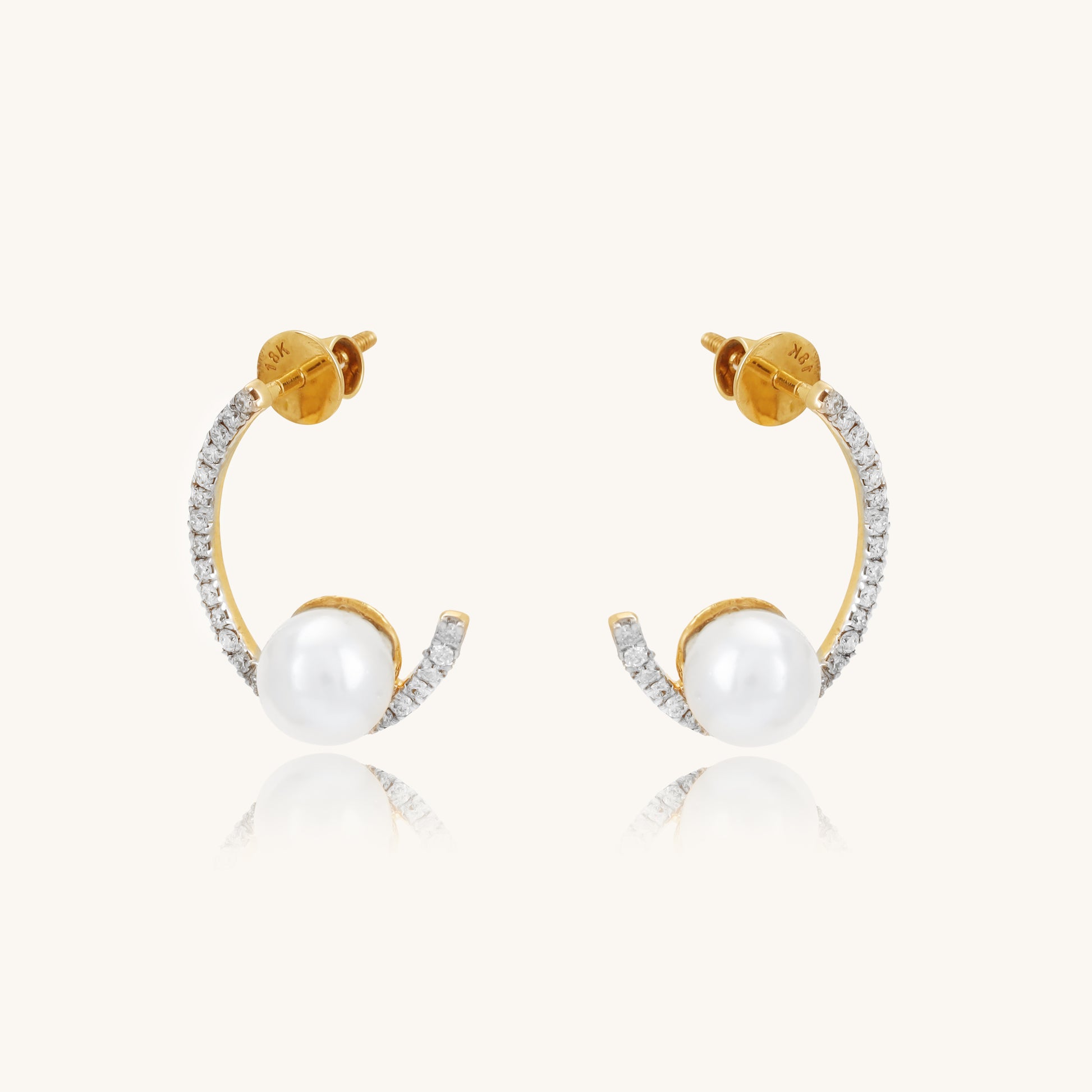 Caratly 18kt gold Pearl C Diamond Earring with 0.22ct diamond pave C-shape curve and pearl end accent under Rs. 50,000